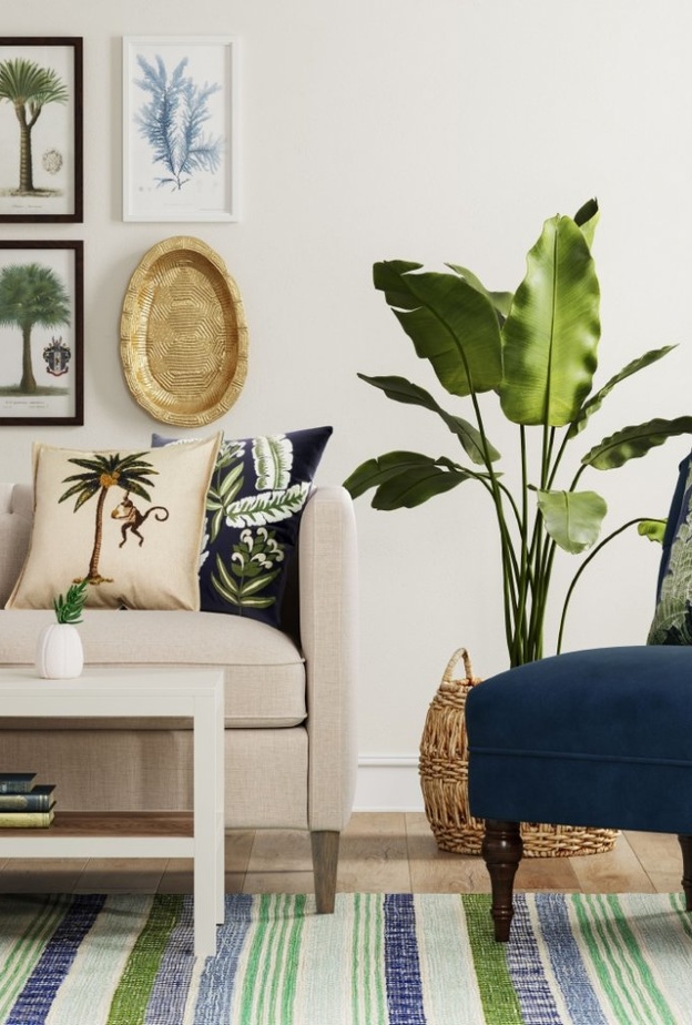  النقشات الطبيعية في الأقمشة لغرفة معيشة استوائية