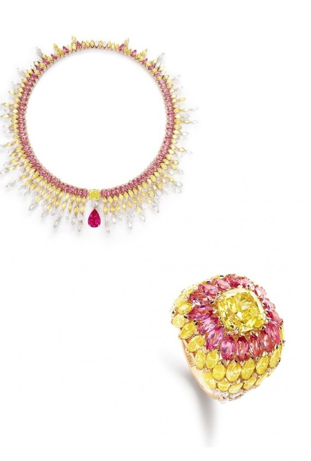 طقم بياجيه من الماس الأبيض والأصفر والاسبنيل الأحمر.