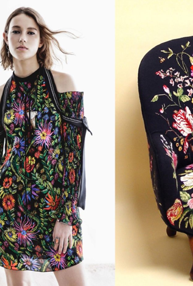 الأسود و الزهور بالألوان البراقة في فستان من تصميم فيليب ليم Phillip Lim ينجد به كرسي يليق بغرف الجلوس و الصالونات