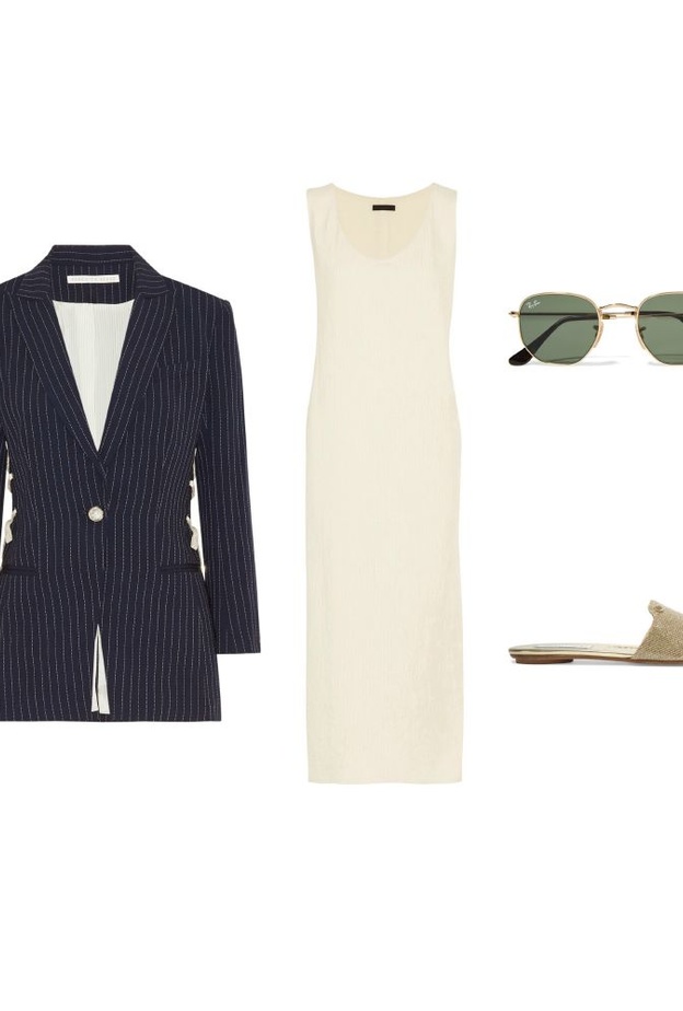 اطلالة نهاريّة راقية ومريحة بالبلايزر وفستان ناعم بطول الكاحل