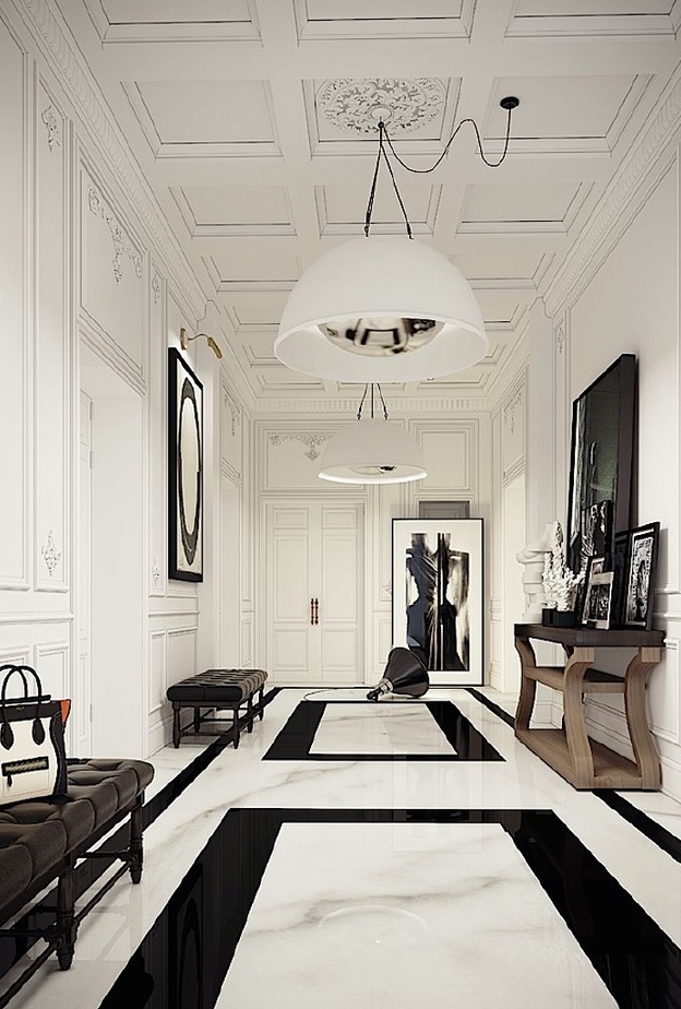 تراجعات مربعة الشكل في السقف يتوسطها ديكور مزخرف حيث جهاز الإنارة 