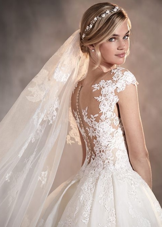 ظهر الفستان من القماش الرقيق الشفاف الذي تزينه الأزرار