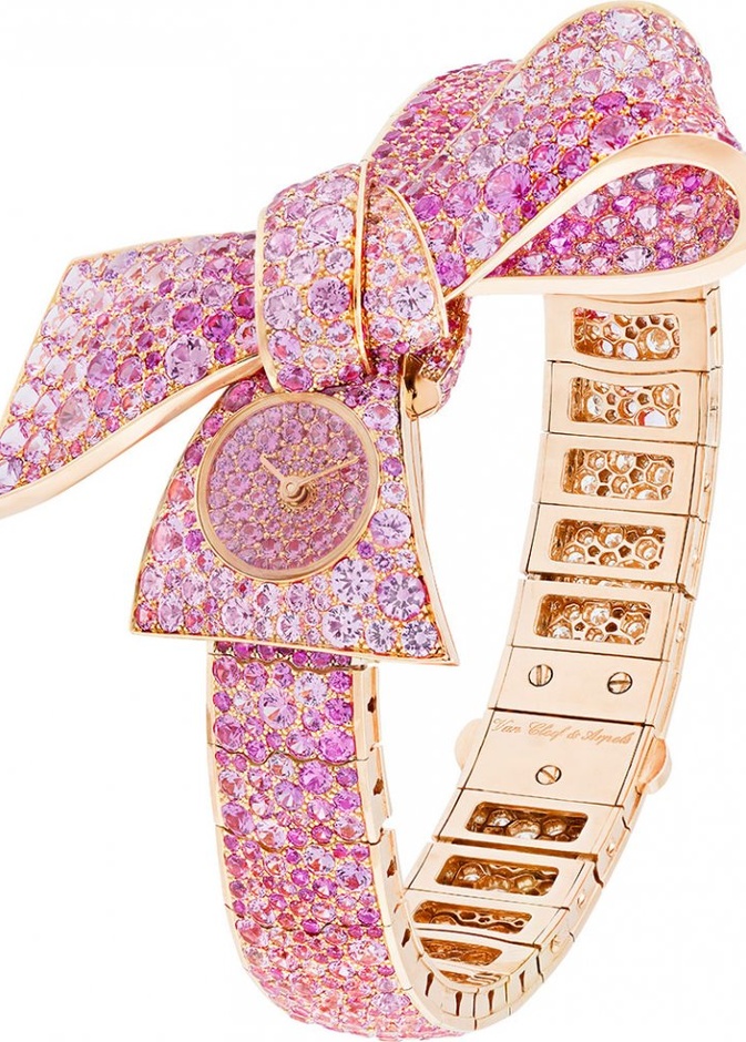 ساعة روبان السرية هيكل من الذهب الوردي وسافير وردي قطع دائري سوار من الذهب الوردي وماسات دائرية وسافير وردي حركة كوارتز