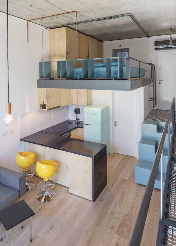 الحفاظ على السقف البيتوني في ديكورات شقق مودرن صغيرة المساحة