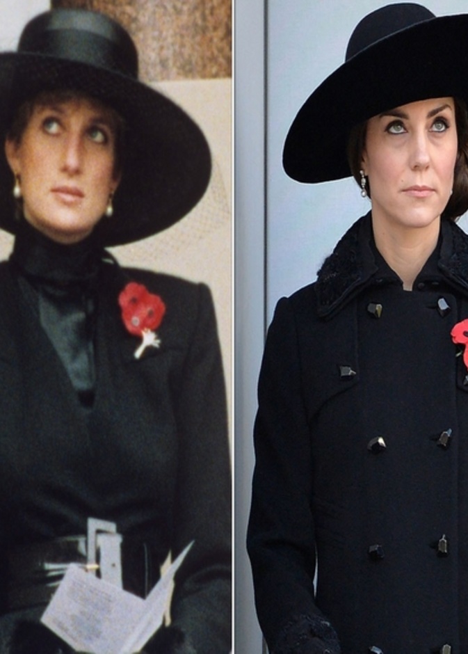 أحدث اطلالات كايت ميدلتون المماثلة تماماً لإطلالة الليدي ديانا بتيور أسود مع قبعة فيدورا سوداء ولمسة حيوية بالبروش الأحمر