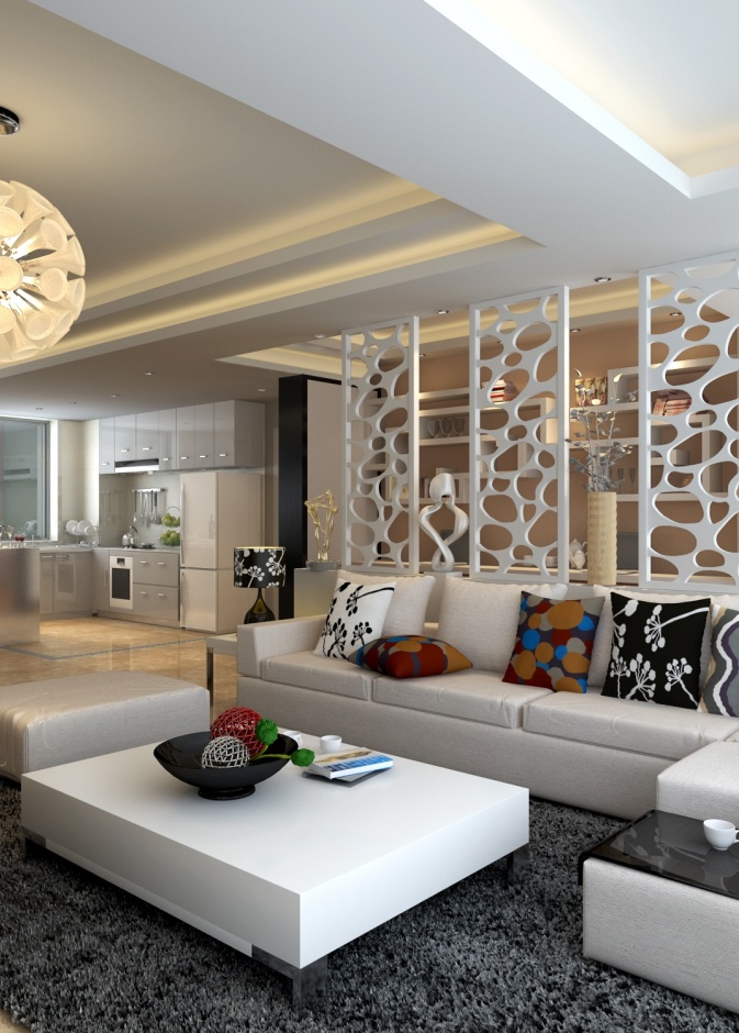 أربع قواطع متباعدة فيما بينها تحدد الفراغات بطريقة فنية لكن لا تفصل بينهم