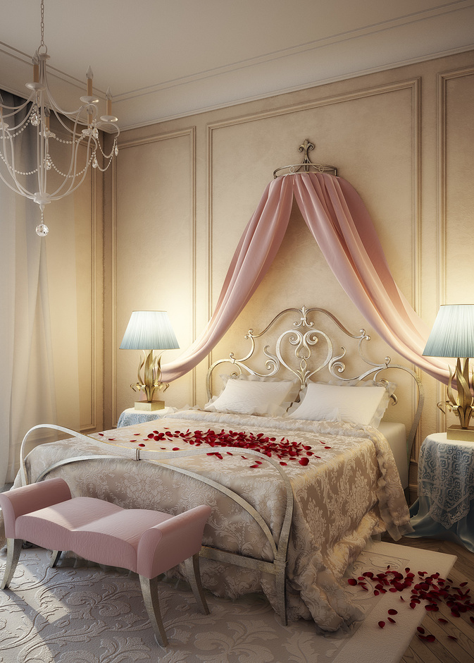 الستارة خلف السرير و الشراشف الكروشيه المنسدلة على الطاولات الجانبية لمسات أنثوية مختلفة و مميزة 