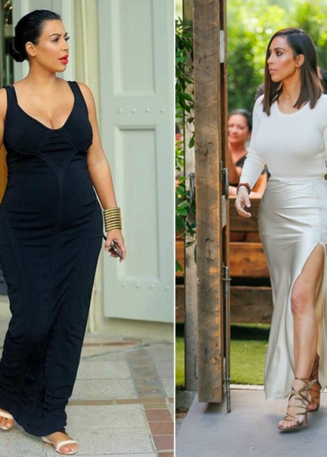 الصورة تظهر الفرق الذي حققته كيم كردشيان قبل و بعد الولادة