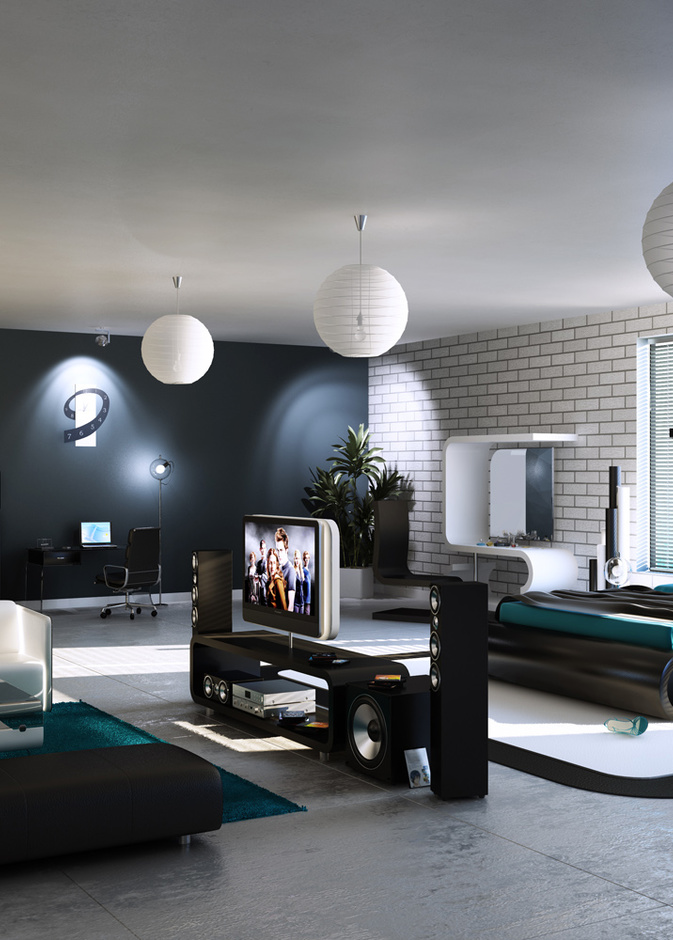 غرفة نوم تتميز بالخطوط المنحنية المعتمدة في تصميم أثاثها 