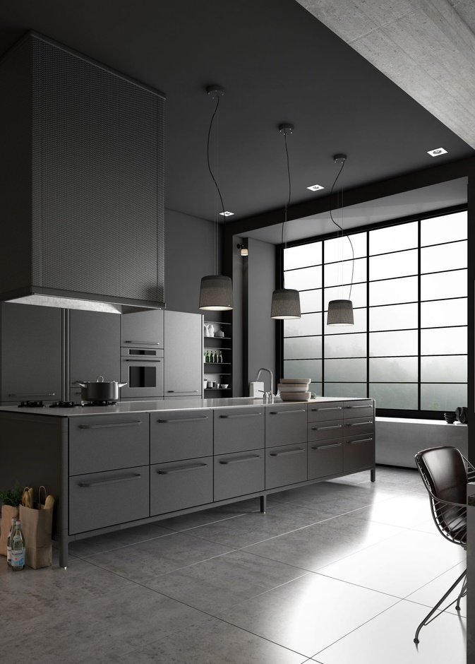 مطبخ يطغى عليه اللون الأسود لون هذا الموسم و يمتاز  بالخزن الطويلة و الأجهزة الكهربائية المخفية من the vipp    