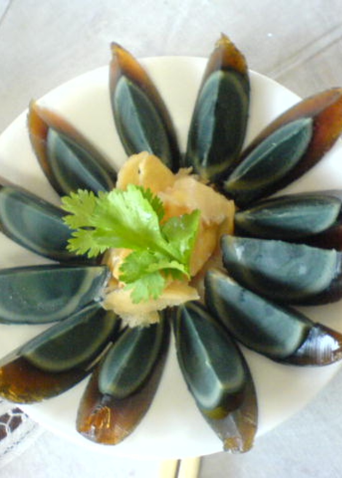 Arranged century egg on a plate