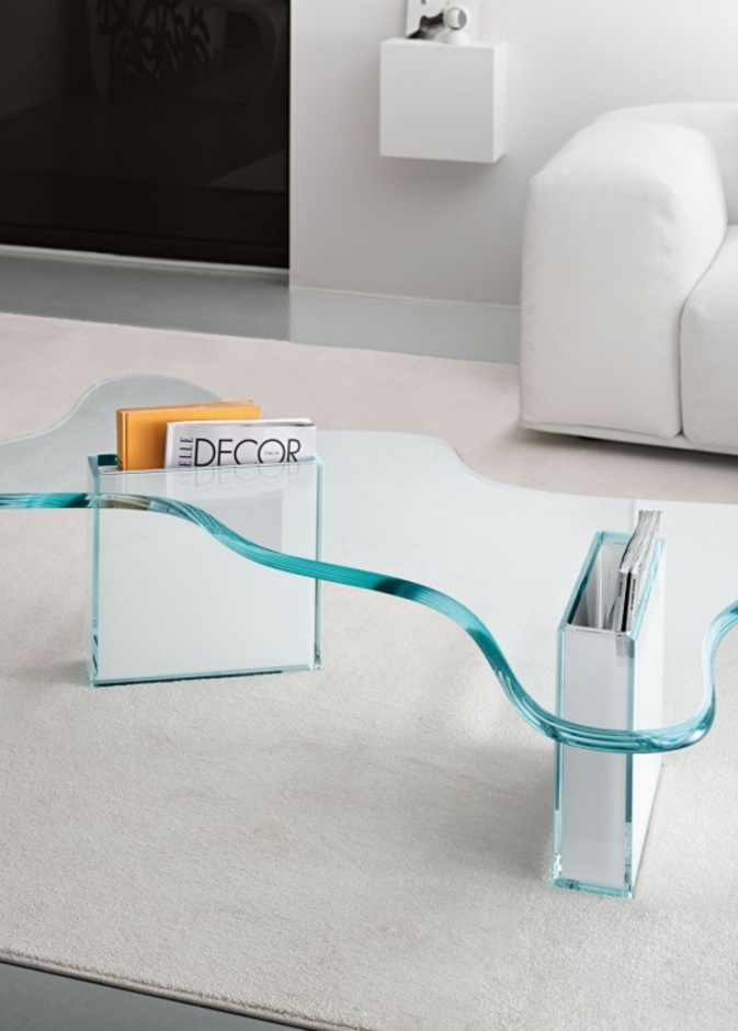 طاولة من الزجاج الفاخر مع صندوق زجاجي كحامل يدوي للمجلات