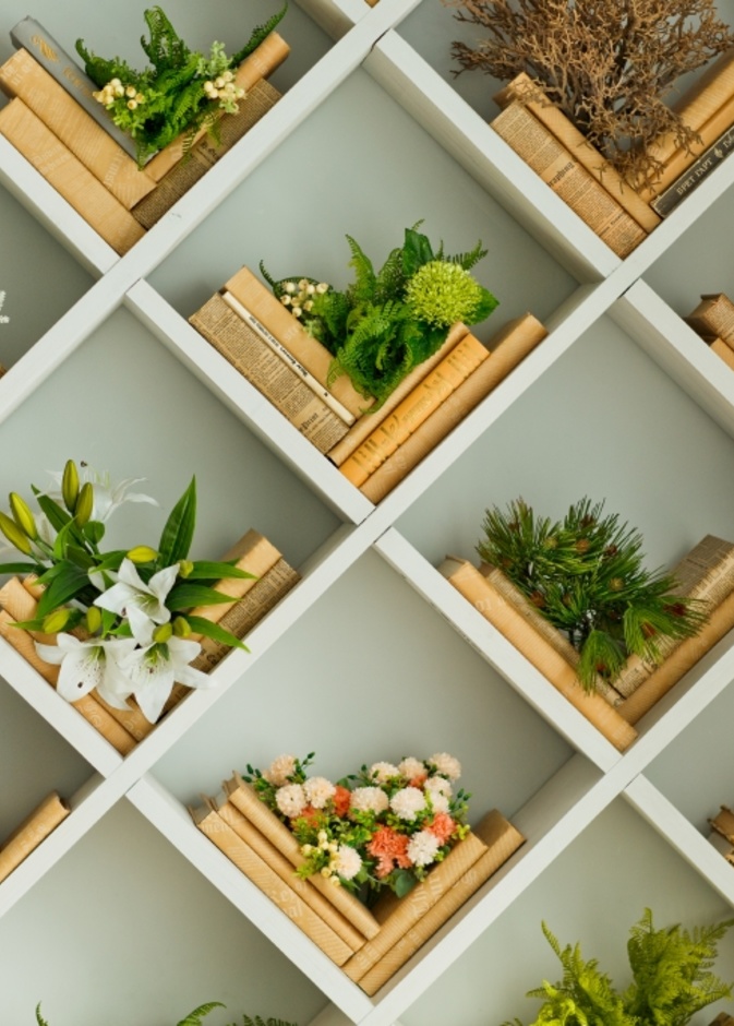 النباتات الخضراء في تصميم مكتبة جدارية