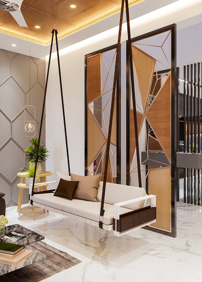 تصميم فاصل من الزجاج والمعدن مع الخشب