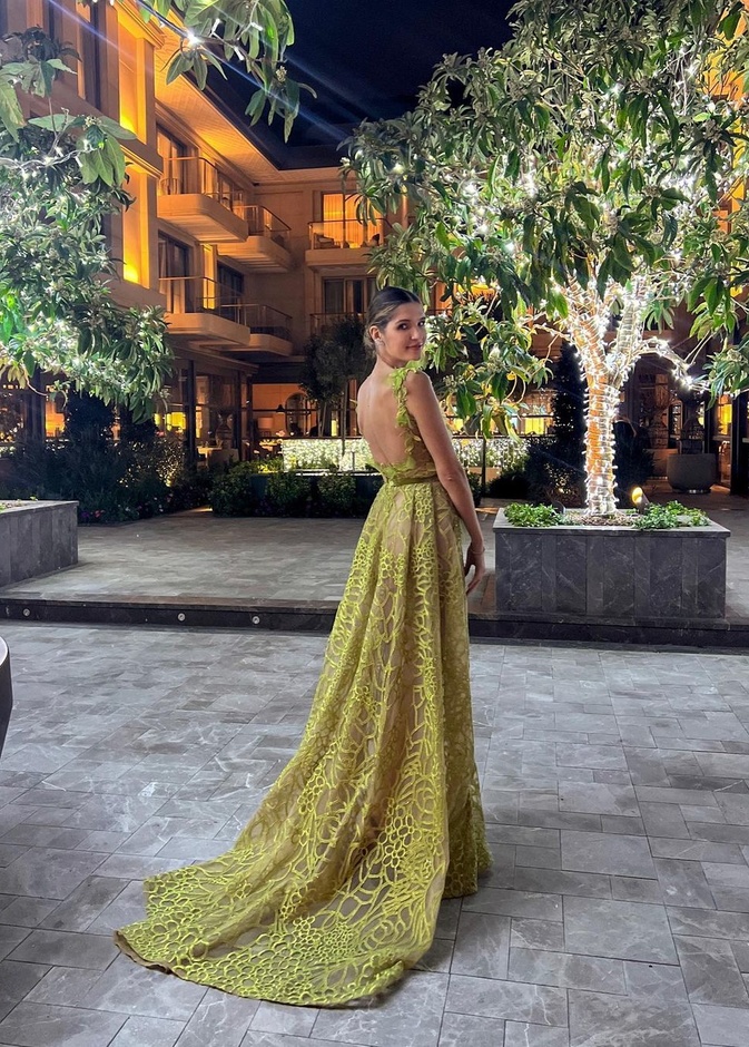 تميّز الفستان بقماشه الشفاف وقصة الظهر المكشوف والحزام المخملي