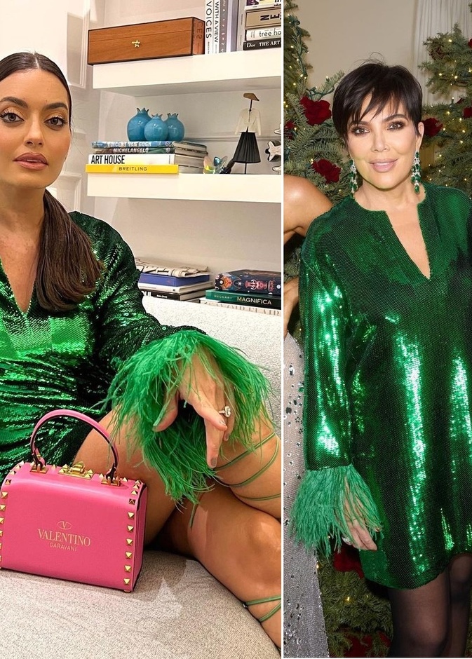 طرق تنسيق الفستان الترتر بأسلوب كارن وازن وكريس جينير بالفستان نفسه