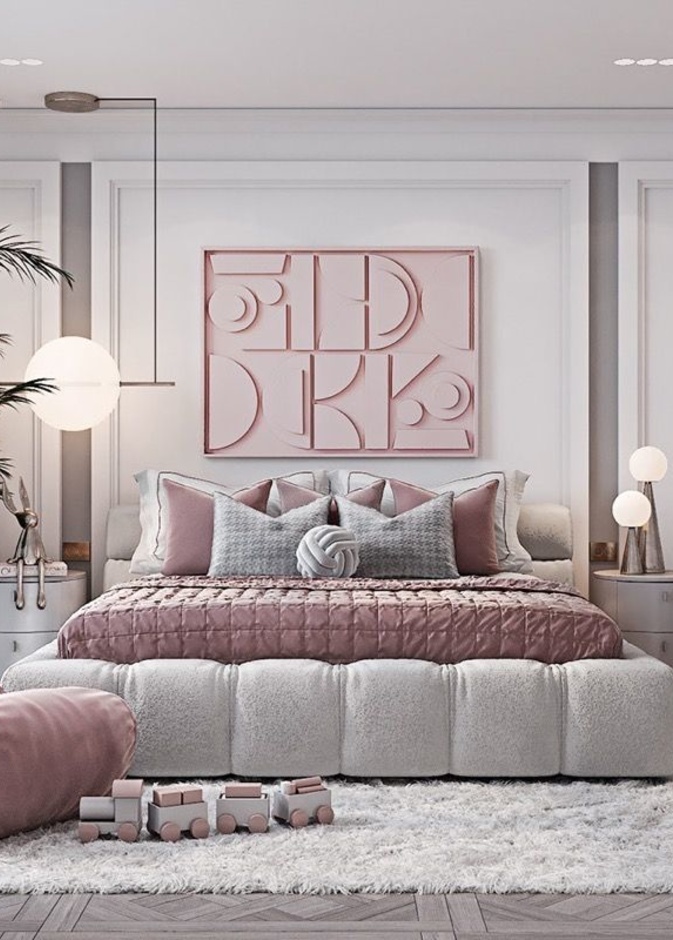 أرضية خشبية رائعة في ديكور غرفة نوم فتيات بالوردي والرمادي