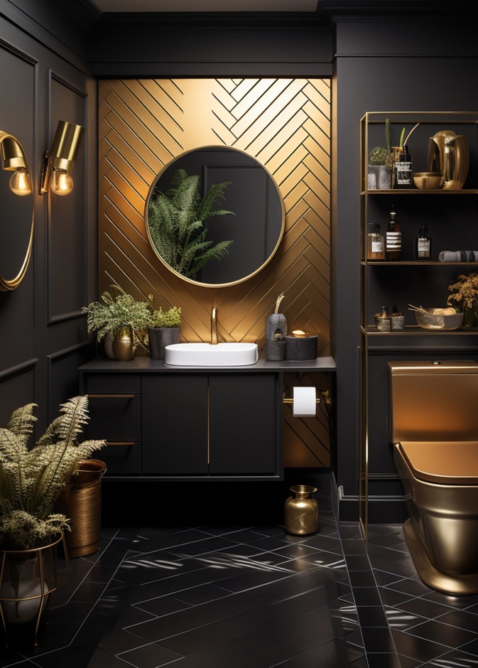 الأسود الجذاب مع بريق الذهبي في ديكورات حمام مميز
