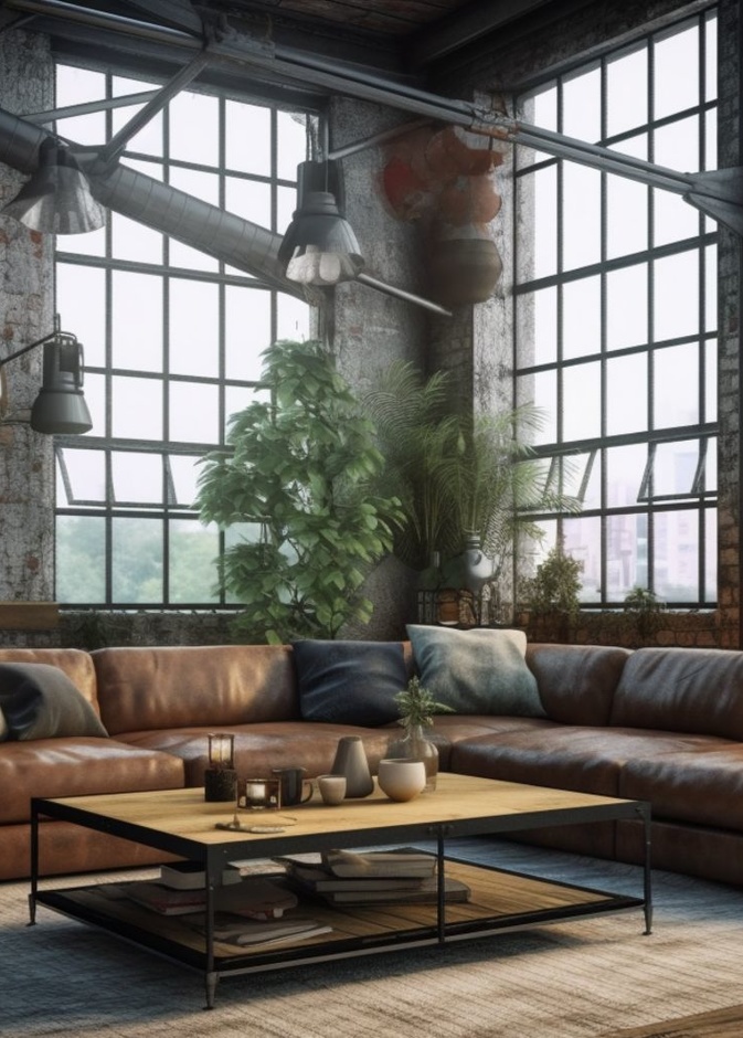 جدار حجري مع الكنب الجلدي لغرفة معيشة  Steampunk 