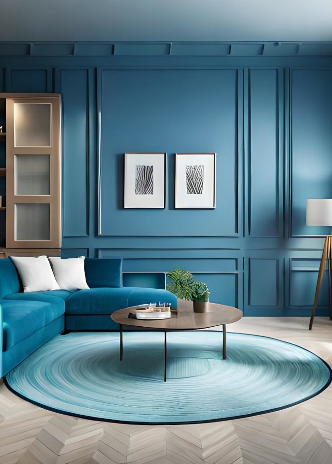 الخشب يدفئ الجدران الزرقاء في غرف المعيشة