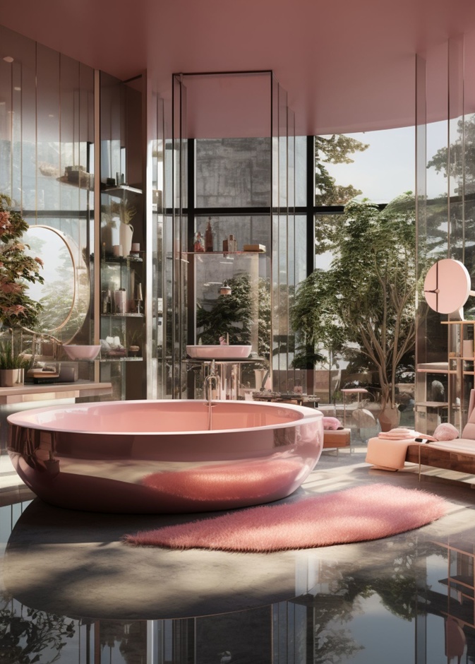 ‎⁨حمام فخم يتميز بحوض الاستحمام باللون الوردي⁩