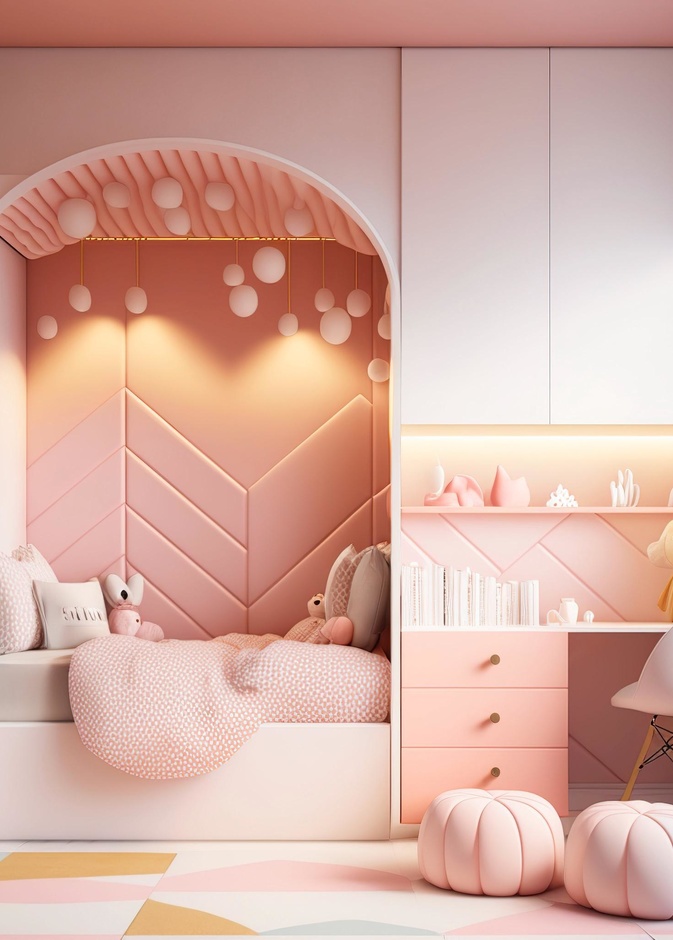غرفة نوم أطفال باللون الوردي الباستيل وبدرجة ناعمة ودافئة