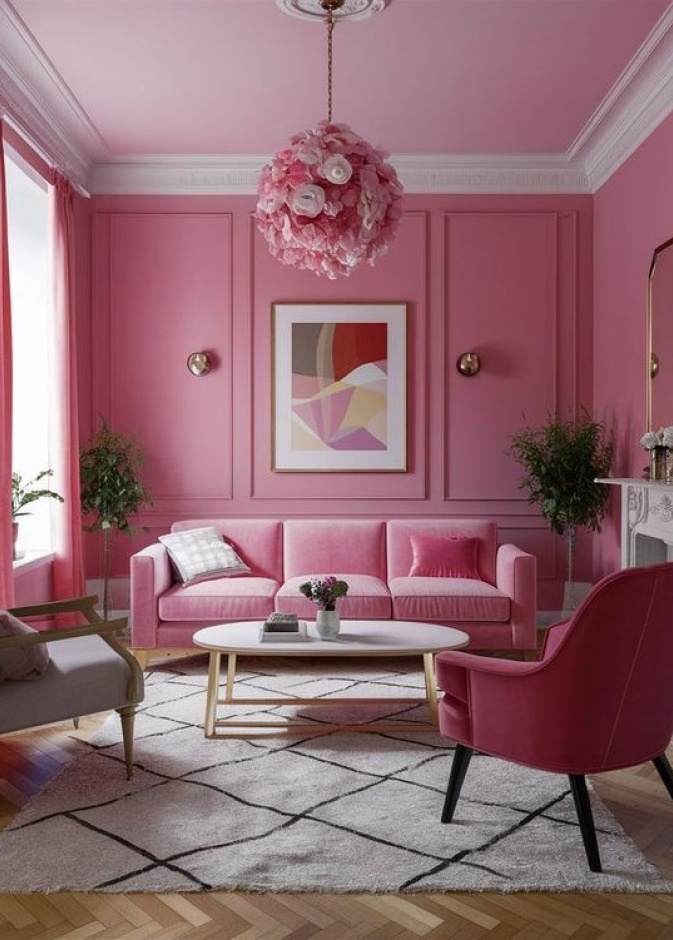 غرفة معيشة مميزة مؤثثة بأثاث وجدران باللون الزهري