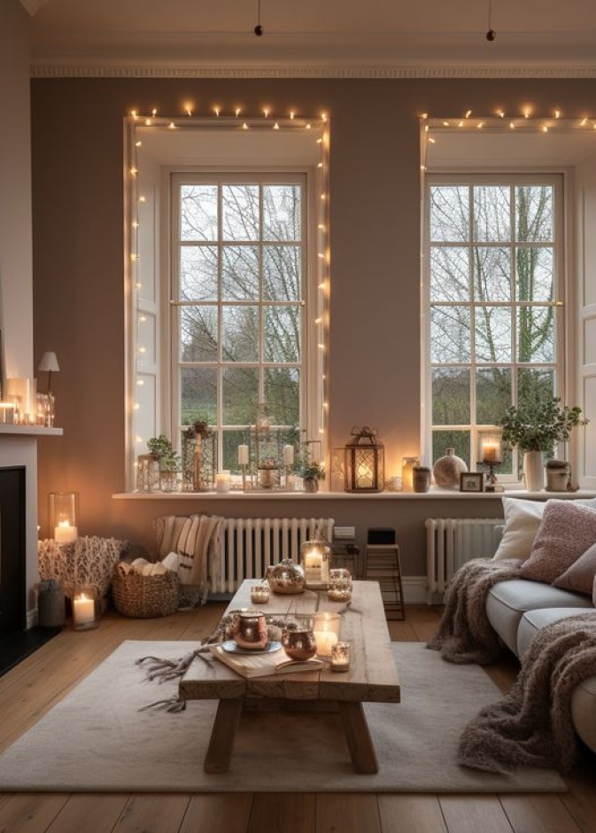 نوافذ غرفة معيشة مزينة بإضاءات الكريسماس