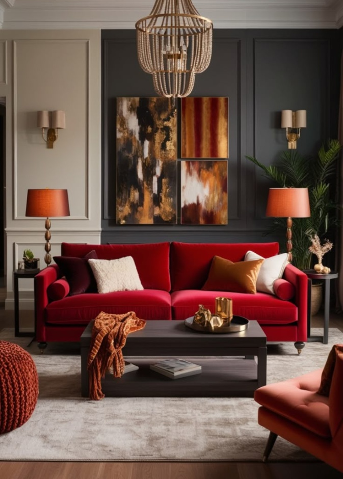 تضيف الأريكة الحمراء لمسة من الأناقة والسحر إلى غرفة المعيشة