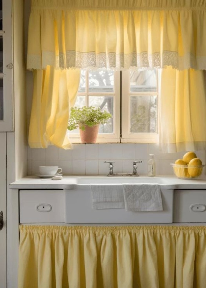 يمكن تزيين نوافذ المطبخ بستائر بلون الأصفر الزبدي