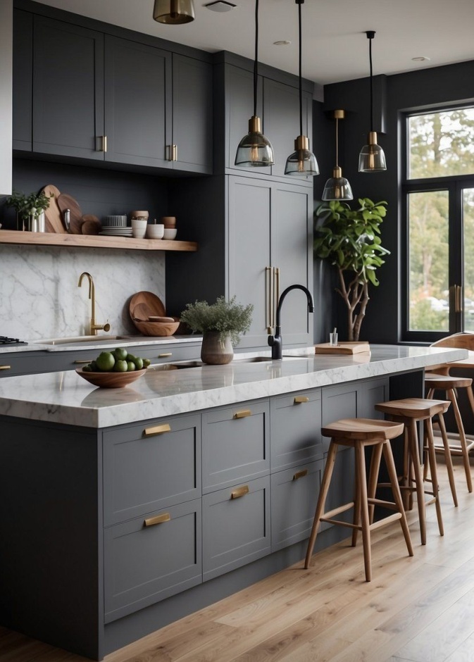 الرمادي والرخام لمظهر درامي للمطبخ الحديث