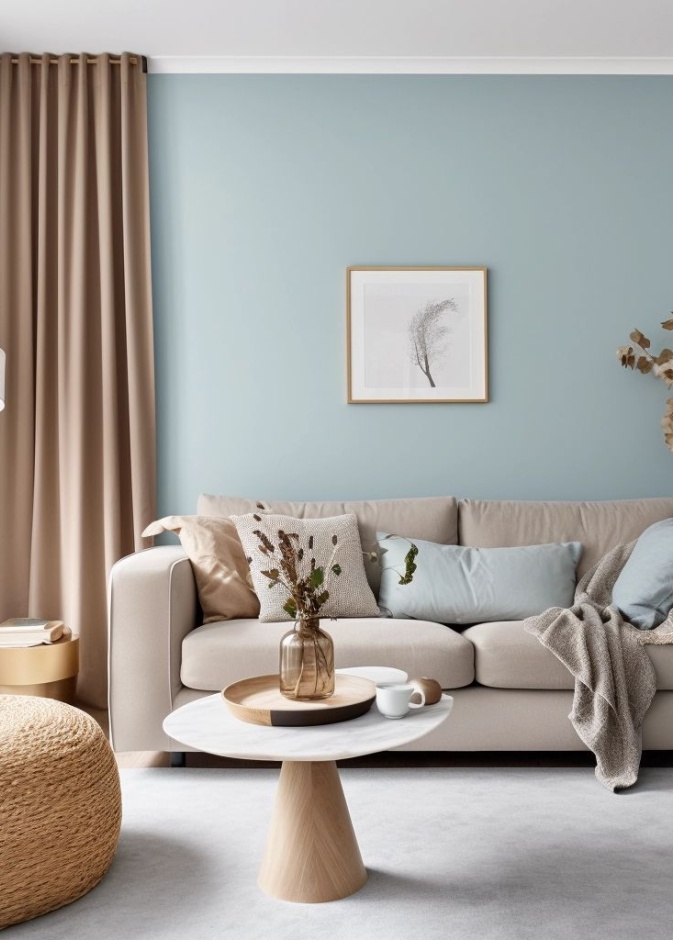 بدلا من الأزرق البحري الداكن لجدران غرفة المعيشة، يمكن اختيار الدرجة الباهتة الـPale Blue