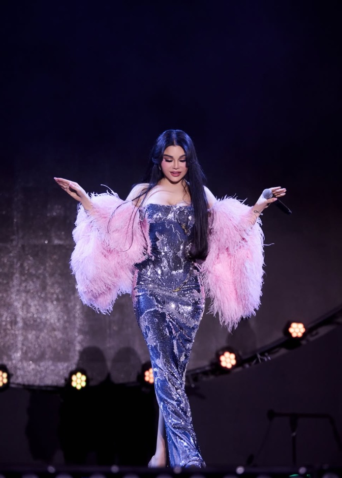 هيفاء وهبي بفستان سترابلس بقصة ضيقة مغمورة بحبات الترتر الفضي