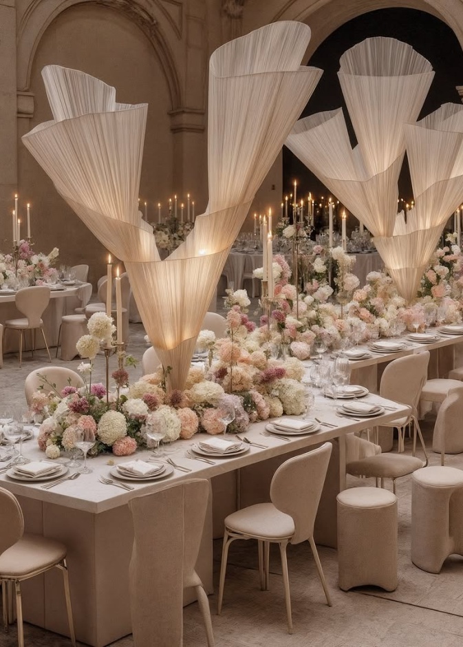 زينة طاولات بيج من Aira Weddings & Corporate