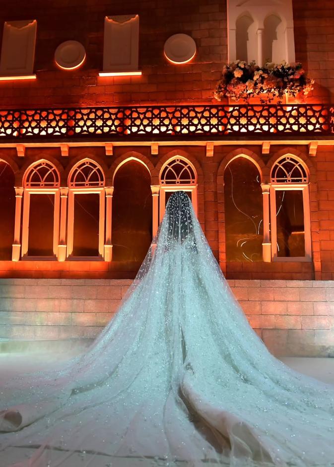 صورة من الخلف تظهر عروس بفستان وطرحة من زهير مراد