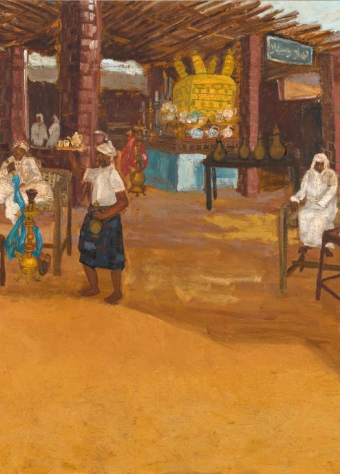 لوحة _مقهى طريق المدينة_ 1968 للفنانة السعودية الراحلة صفية بن زقر — المصدر Sotheby’s