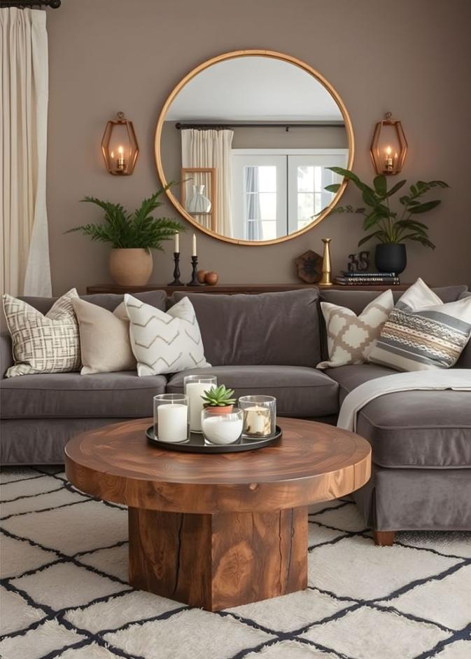 غرفة معيشة مزينة بطاولة قهوة ومرآة دائرية