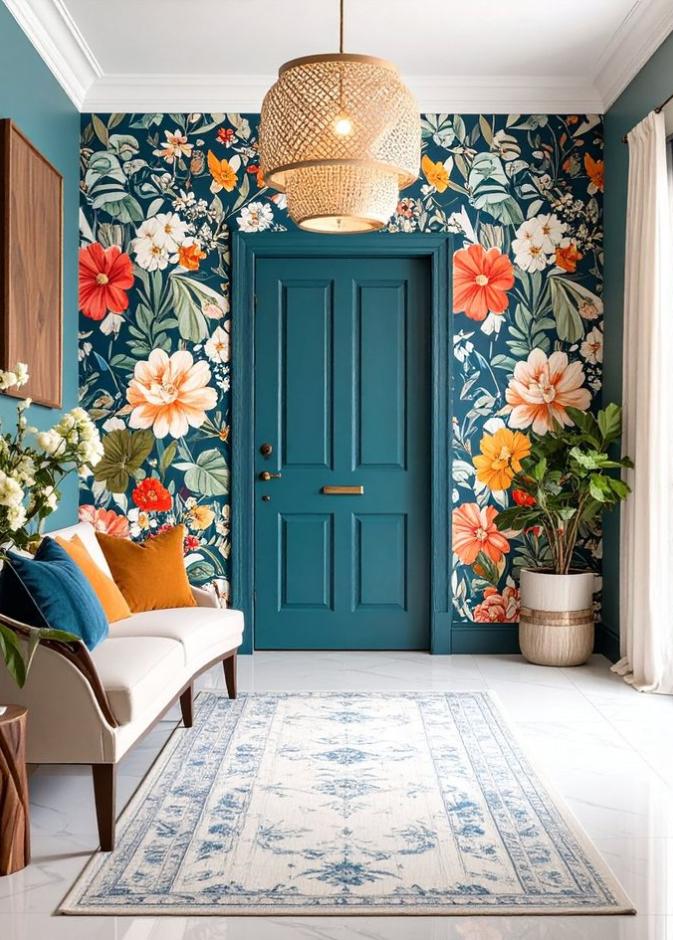 يفضل الخبراء تزيين المدخل بورق الحائط ذو النقوش الكبيرة لخلق انطباع أول لا يُنسى