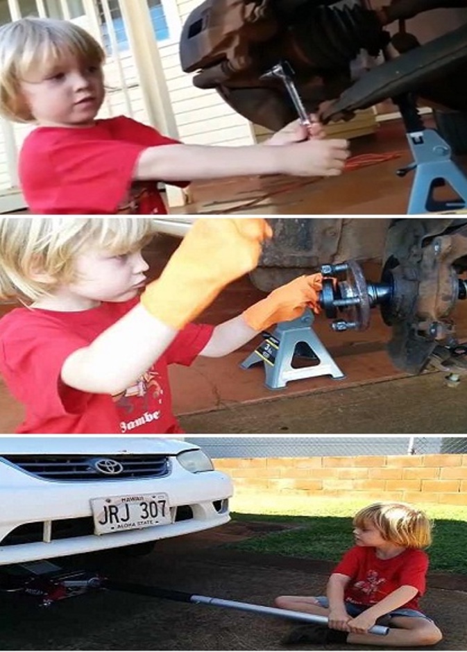 طفل يغير اطار سيارة بكل احترافية