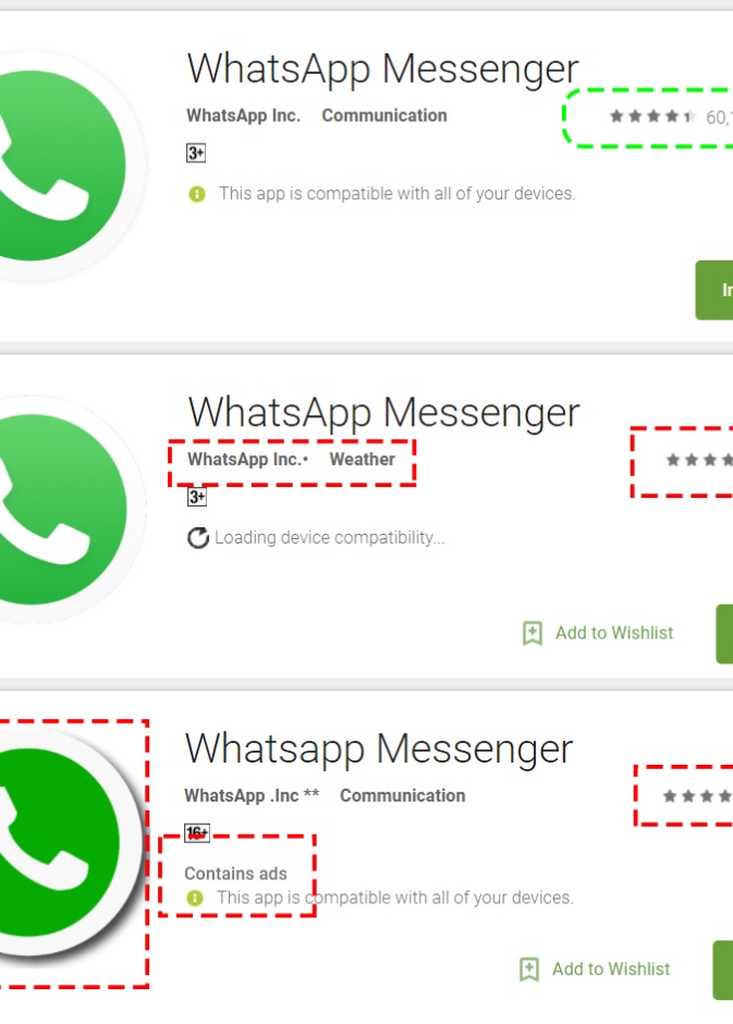 نسخة مزيفة من تطبيق واتساب على جوجل بلاي