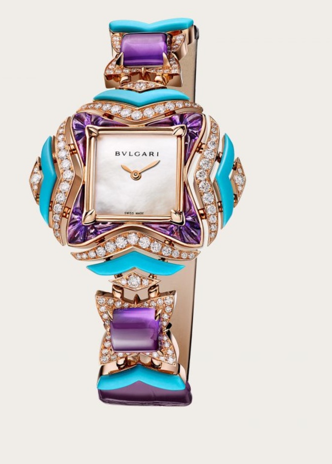 ساعة بولغاري من جلد التمساح الأزرق والذهب الوردي والماس