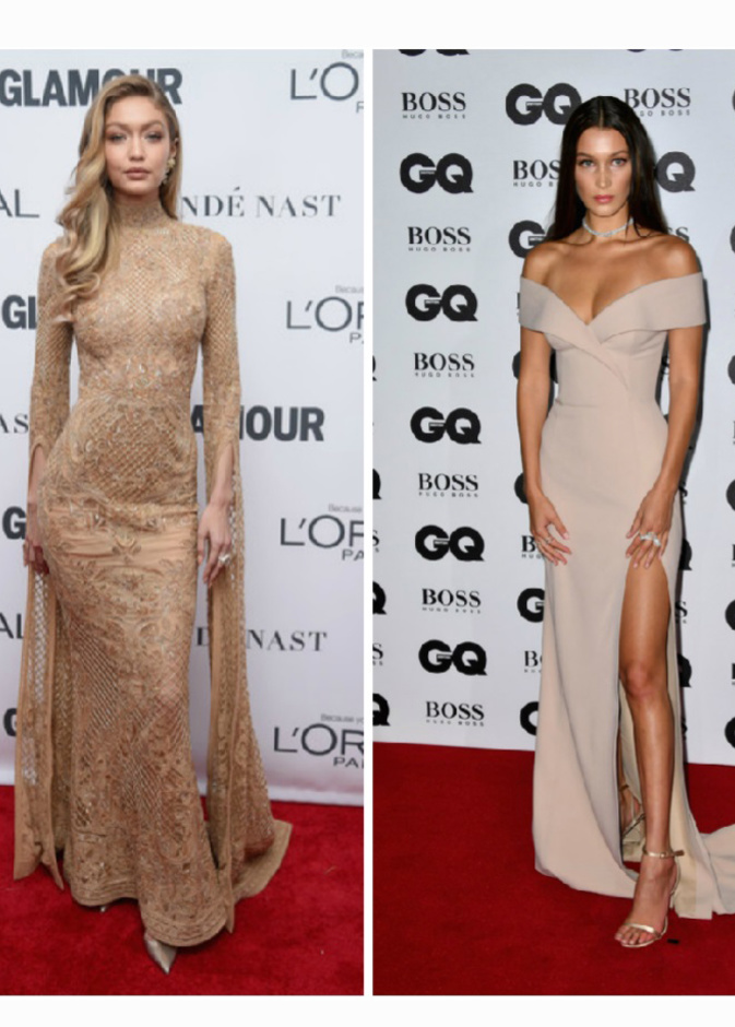 جيجي حديد وبيلا حديد بفساتين السهرة الحمراء