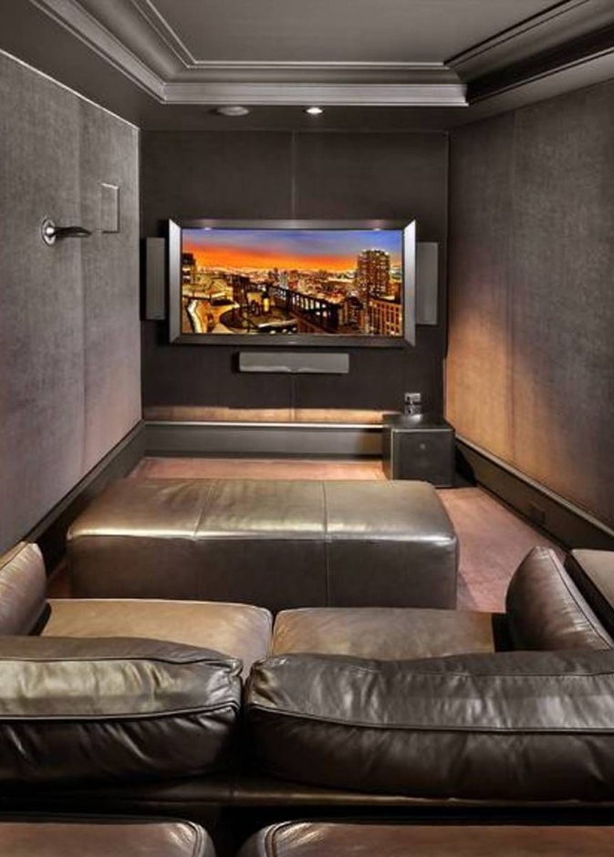 البيج والرمادي في ديكور سينما منزلية أنيقة وفخمة
