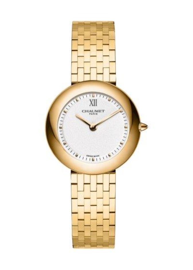 ساعة Boléro موديل صغير الحجم - 30 ملم ذهب أصفر، قرص أبيض ومحبّب مطلي بالفضّة، حركة كوارتز سويسرية، ومشبك ثلاثي الطيّات