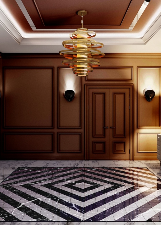  أرضية من الرخام الفاخر مع ديكوراتحوائط خشبية لديكور مدخل شقة فخمة