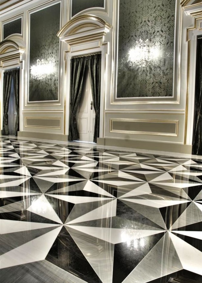 ارضية غرفة الاستقبال بالأسود والأبيض