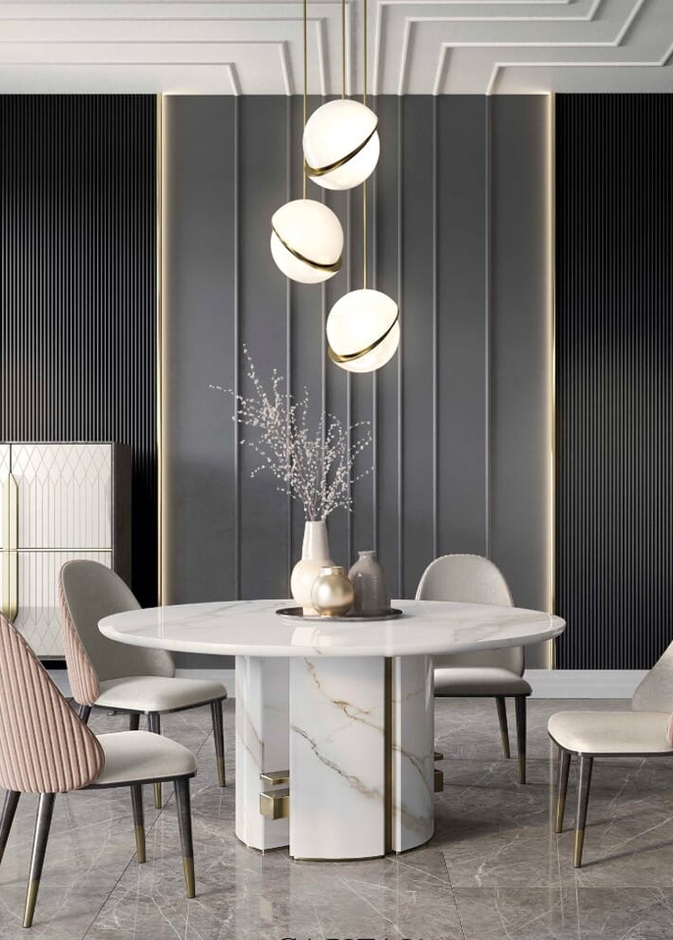  جدار حجري يعرض مجموعة من الديكورات الفينتاج لغرفة طعام مودرن