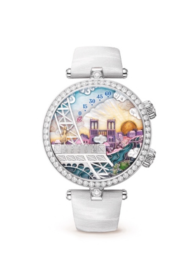  ساعة خيالية تحمل لوحة فنية ملونة بسير جلد ابيض من Van Cleef & Arpels