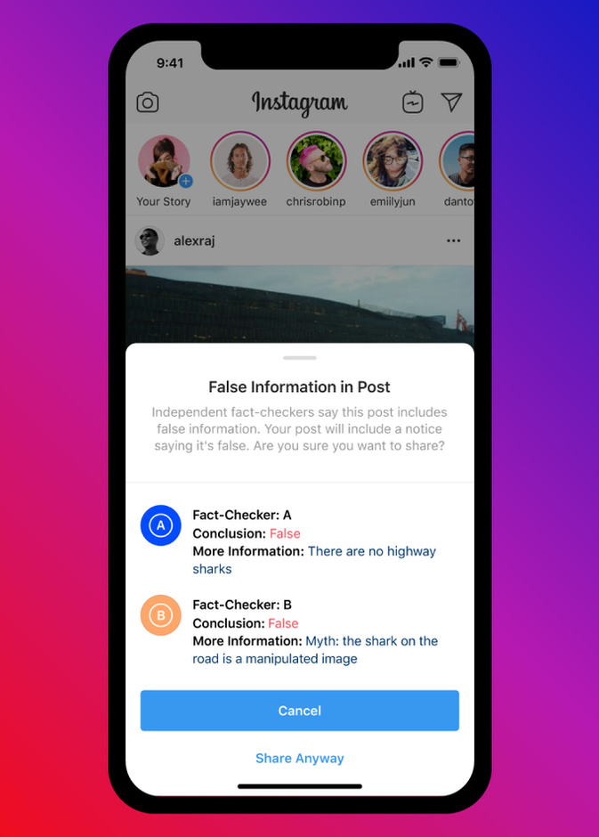 انستقرام يضيف علامة "false information" لمنع ظهور الأخبار المزيفة