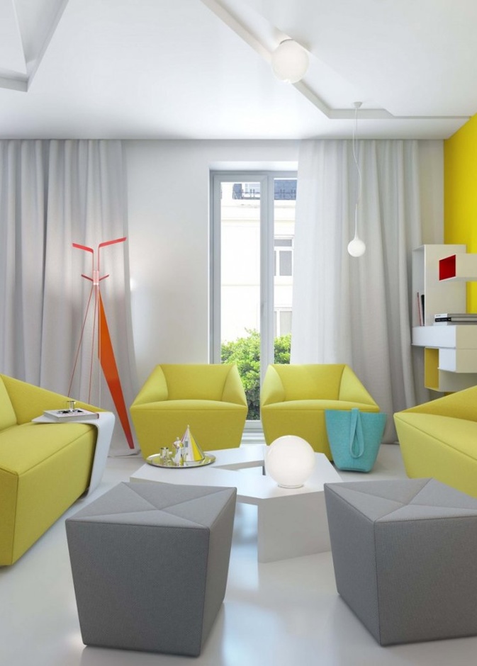 ديكور ات بالرمادي والأصفر لغرفة معيشة مودرن